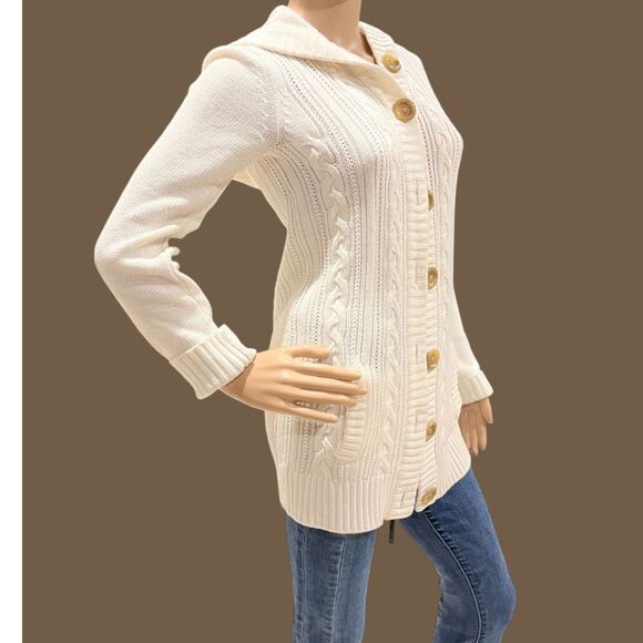 KIRRA Cream Color Button Up Hooded Cable Knit Sweater Sz L - Picture 2 of 6